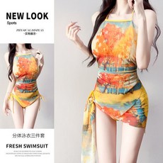 MISS·更衣室 油畫印花褶皺條紋性感掛脖比基尼三件套 溫泉海島度假泳衣 女 韓系泳裝 拍照沙灘寫真 絕美泳衣, 88027黃色,M【適合40-50公斤】