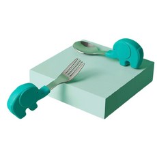不鏽鋼大象餐具組 - 兒童學習湯匙叉子組 附收納盒 副食品餐具, 小象-綠色, 1套, 湯匙+叉子
