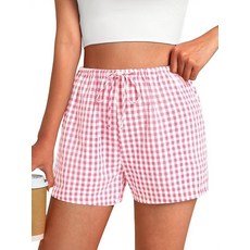 GKBK 여성용 복서 반바지 깅엄 파자마 2025 캐주얼 여름 라운지 수면 격자무늬 파자마 반바지 Y2K 비치 하의 핑크 화이트 격자 무늬 XL 398764