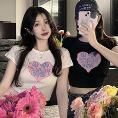 여성 영문 하트 프린팅 여름 반팔 크롭 패션 티셔츠