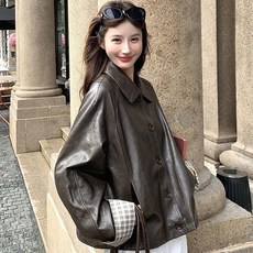 ORZQU 여성 봄 가을 빅사이즈 루즈핏 가죽자켓 캐주얼 데일리 카라자켓