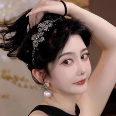 輕奢水鑽蕾絲百搭髮箍女 雙花朵設計 洗臉化妝髮飾, 1個, 雙花朵水鑽髮箍