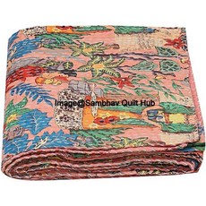 Floral Printed Cotton Quilted Blanket Indian Handmade Bedspread Kantha Work Bohemian Bed Decor Thr, 90X108 인치