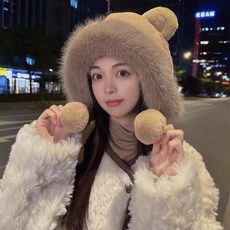 투니스 여성 귀여운 곰돌이 귀 모양 퍼 모자