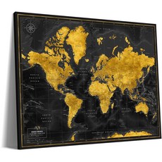 여행을 표시하는 핀이 있는 푸시 핀 월드 맵 - 핀보드 여행자 및 인테리어 장식을 위한 선물(40 x 30 미드나잇 골드), 32 x 24, Midnight Gold