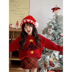 【熱銷Top1-限時下殺】新年復古聖誕樹提花毛衣新款紅色秋冬寬鬆針織衫格子半身裙兩件套 兒童秋冬款 活動服飾B49