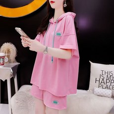 AREVI 여름 여성 트레이닝복세트 빅사이즈 루즈핏 패션 단색 후드 반팔 반바지 세트
