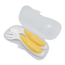 日本 EDISON 嬰幼兒防滑易握學習湯叉組 附收納盒 KJC 新嬰幼兒學習餐具組 湯匙 叉子 6657 愛迪生, 黃色叉匙組 / 6657, 1個