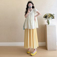 2025 여름 임산부 패션 세트 임산부패션 여름의상 출산선물 임신축하 아기선물 출산세트, 노란색 주름 치마, 1개