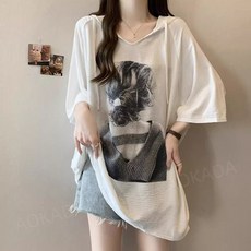 AOKADA 여성 여름 하프 기장 루즈핏 반팔 후드티 프린트 캐주얼 후드 반팔티