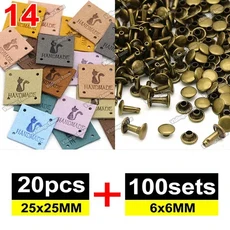 20pcs 믹스 가죽 레이블 100 세트 6x6MM 금속 스파이크 수제 의류에 대 한 양각 태그 DIY 모자 바느질 액세, 02 14