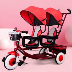 쌍둥이 세발 자전거 가림막 아이 우산 보행기 2인용 세발자전거 삼륜차 가족 연년생 트윈, 1개, 레드프레임더블우산