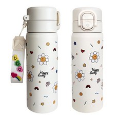바이코코 DIY 스트랩 스마일 데이지 보온 보냉 스텐 예쁜 손잡이 빨대 텀블러, 1개, 500ml, 크림아이보리 1개, 500ml, 크림아이보리