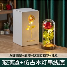 微景小舖 永生花 玫瑰花 鐘形生態瓶 不凋花裝飾, 玻璃罩+仿古木燈串底座(帶禮盒)