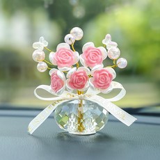 DFMEI 新款水晶玫瑰花汽車擺件搭配車內裝飾擺件創意盆摘車載擺件, 1個, 帶花托水晶玫瑰-粉色:如圖