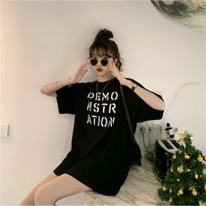 韓版日系寬鬆落肩圓領字母短袖T恤 大尺碼男友T女生上衣