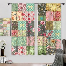 Riyidecor Boho 핑크 플로럴 커튼 섀비 시크 패치워크 빈티지 플라워 귀여운 보헤미안 식물 레트로 팜하우스 로드 포켓 여성 침실 거실 트리트먼트 원단 2 패널 106.