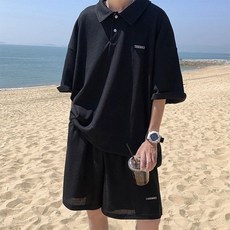 남성 여름 오버핏 카라 티셔츠 반바지 세트