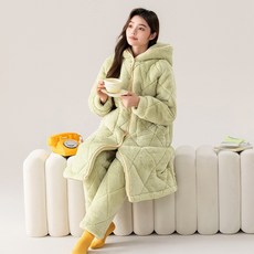 珊瑚絨三層夾棉加厚睡衣女秋冬季長款睡袍家居服套裝, Z463女,M, 1個