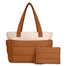 TOPDesign 여성용 퍼퍼 토트백 수납 공간이 있는 가볍고 푹신한 핸드백 직장 여행 헬스장용 퀼트 숄더백 브라운/베이지. 라지 178569, L, 브라운/베이지