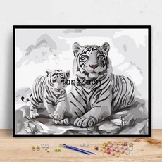 【TangZhen】유화그리기 유화그리기세트 유화 diy 채색 디지털 그림 만화 동물 어린이 수제 그림 그리다 거실 방 침실 장식품, 1961 두 마리의 흰 호랑이, 60*75cm 내장형 2.5(색천)