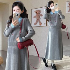 가을 겨울 임산부 상하복 터틀넥 임산부 니트 + 롱 스커트 세트 프렌치 임부복 투피스 세트 YSQ