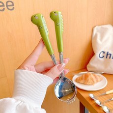 可愛勺子叉子家用兒童吃飯餐具寶寶不鏽鋼湯勺勺子ins高顏值套裝, 1個, 米黃小恐龍,收納盒【單個】