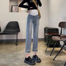 임산부 청바지 봄가을 루즈핏 하이웨스트 배꼽 스트레이트 이너 스모크 9부 바지 가을옷