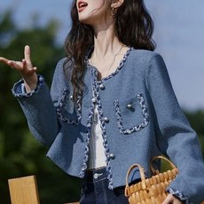 ORZQU 봄 여성 시크 캐주얼 트렌디 루즈핏 숏 트위드 가디건 스타일 자켓 긴팔 스냅핏 슬림해 보이는 패치워크 스타일리쉬 아우터