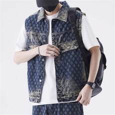 TKX 남성 복고풍 데님 버튼 베스트 캐주얼 탑 스타일리쉬 봄 가을용 스트리트 스타일