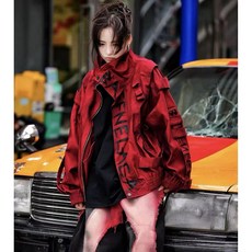 紅色加絨加厚工裝風棉衣外套 韓版寬松字母印花夾克棉服 短款運動保暖棉大衣/棉外套