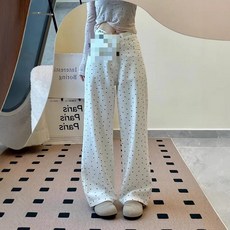 해피유통 여성용 넉넉한 핏 스트 청바지 빈티지 스타일 화이트 블랙 도트 패턴 봄 가을 여름 데님 팬츠