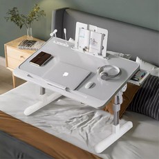 OYEAH 다용도 접이식 베드 테이블 침실 테이블 높이 조절 각도 조절 + USB 포트 + 램프 팬 + 캐비닛 서랍, 흰색 60*40CM