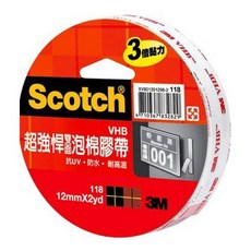 JOJO 3M 118 Scotch 超強悍雙面泡棉膠帶 - 12MM/18MM/24MM, 1個, 12MM*2YD