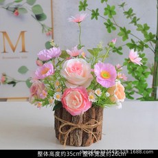 創意手工仿生花盆栽 模擬花藝 桌面裝飾擺件, 粉紫玫瑰牡丹 樹樁盆, 1個