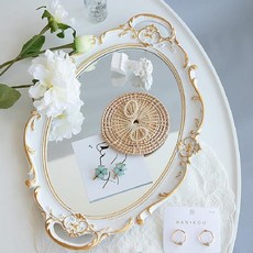 N.R.T 인테리어 빈티지화이트 타원형 빈티지거울 엔틱 벽거울, 플라스틱