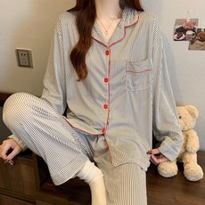 여성용 가을겨울 인스 줄무늬 에어코튼 편안한 넉넉한 외출 가능 홈웨어 세트