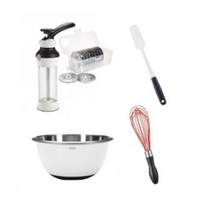 OXO 手工餅乾擠壓器 矽膠刮杓-白 不鏽鋼攪拌盆1.4L 11吋矽膠打蛋器, 1個