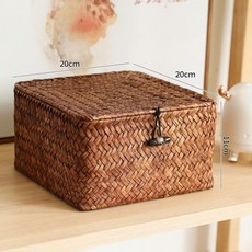 라탄수납함 정리 빈티지 다용도 상자 박스 바구니 소품, 플립 뚜껑, 정사각형 짚 짜임 20x20x11 cm 커피