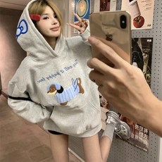 투니스 여성 기모 자수 스타일리시 긴소매 후드 티셔츠