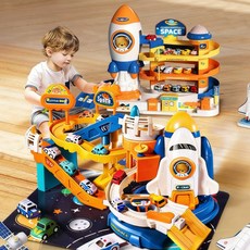 어린이 전동 트랙카 조립 장난감 로켓 우주 대모험 주차타워 기차 미션 남아 여아, 1세트, 파란 기차