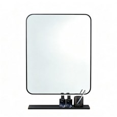 免打孔浴室鏡 50x40cm 附置物架 橫豎皆可掛 廁所化妝鏡, 黑色+托盘40*50cm（横竖可挂）