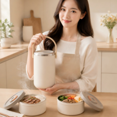 마술사 대용량 스텐 보온도시락 분리형 전자레인지 도시락, 1세트, 2000ML 2단 베이지