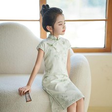 女童旗袍 米色青竹 中國風連衣裙 夏季薄款 走秀古箏演出服