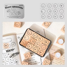 보스케 틴케이스 우드 이모티콘 스탬프 12종 세트, 동글동글 모찌페이스, 1개, 공통