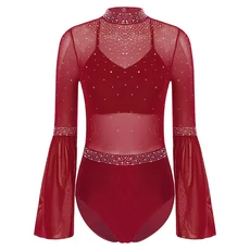 FEESHOW 여성 컬러 블록 바디수트 체조 레오타드 피겨 스케이팅 점프수트 발레 댄스