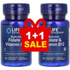 1+1 라이프익스텐션 바이오엑티브 엽산 폴레이트 및 비타민B12 베지 캡슐 90정 / 해외직구 미국정품, 2개