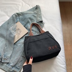 帆布手提包 簡約休閒托特包, XQ刺繡黑茶色