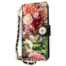 내부지퍼 빽 포켓 유미폰 다이어리 엘리제 앙뚜아네뜨 꽃 DIA 카드지폐수납 내구성 좋은 다이어리 핸드폰 케이스 + 손목 줄 체인 스트랩