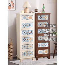 美式彩繪實木五斗柜輕奢多功能客廳夾縫收納柜子臥室床頭儲物邊柜床櫃 側櫃 置物架 置物櫃 邊櫃, 1個, 板栗色3抽 彩繪款,整裝